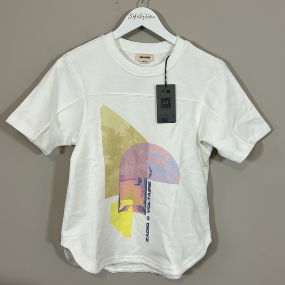 Zadig and Voltaire Bow Tshirt White short sleeve Terry Palmier print Top M NEW - Picture 1 of 13
